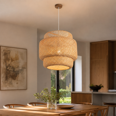 Brilo Woven Bamboo Pendant Light in a natural lifestyle setting