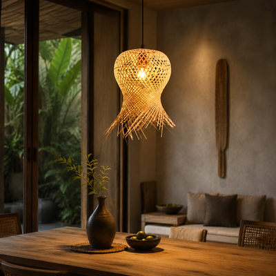 Bisa Fish Trap Weave Pendant Light in a natural lifestyle setting