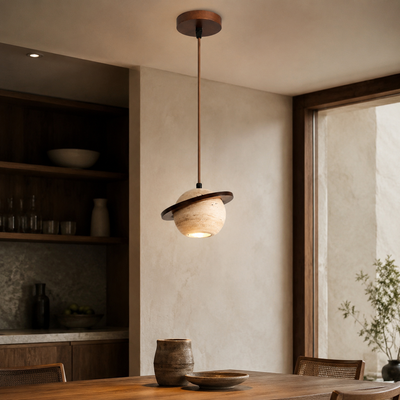 Brevi Saturn Travertine Pendant Light in a natural lifestyle setting