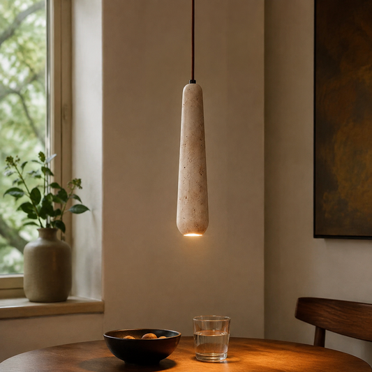 Cove Long Travertine Pendant Light in a natural lifestyle setting