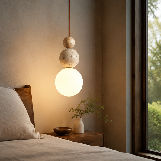 Brin Travertine Cream Pendant Light in a natural lifestyle setting