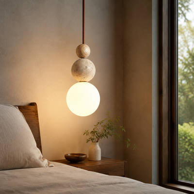 Brin Travertine Cream Pendant Light in a natural lifestyle setting