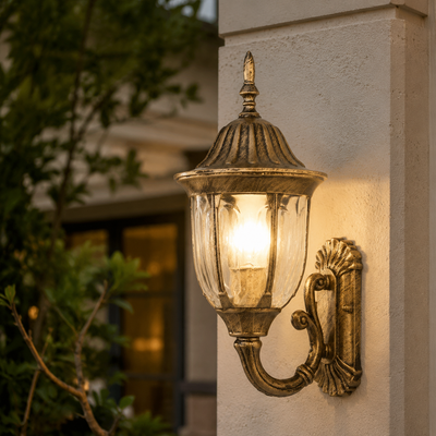 Aive Scrolled Arm Lantern Outdoor Wall Light in a natural lifestyle setting