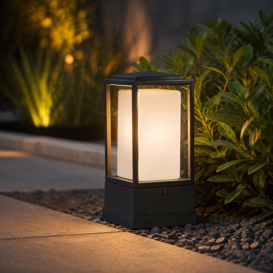 Akix Cube Pillar Light in a natural lifestyle setting