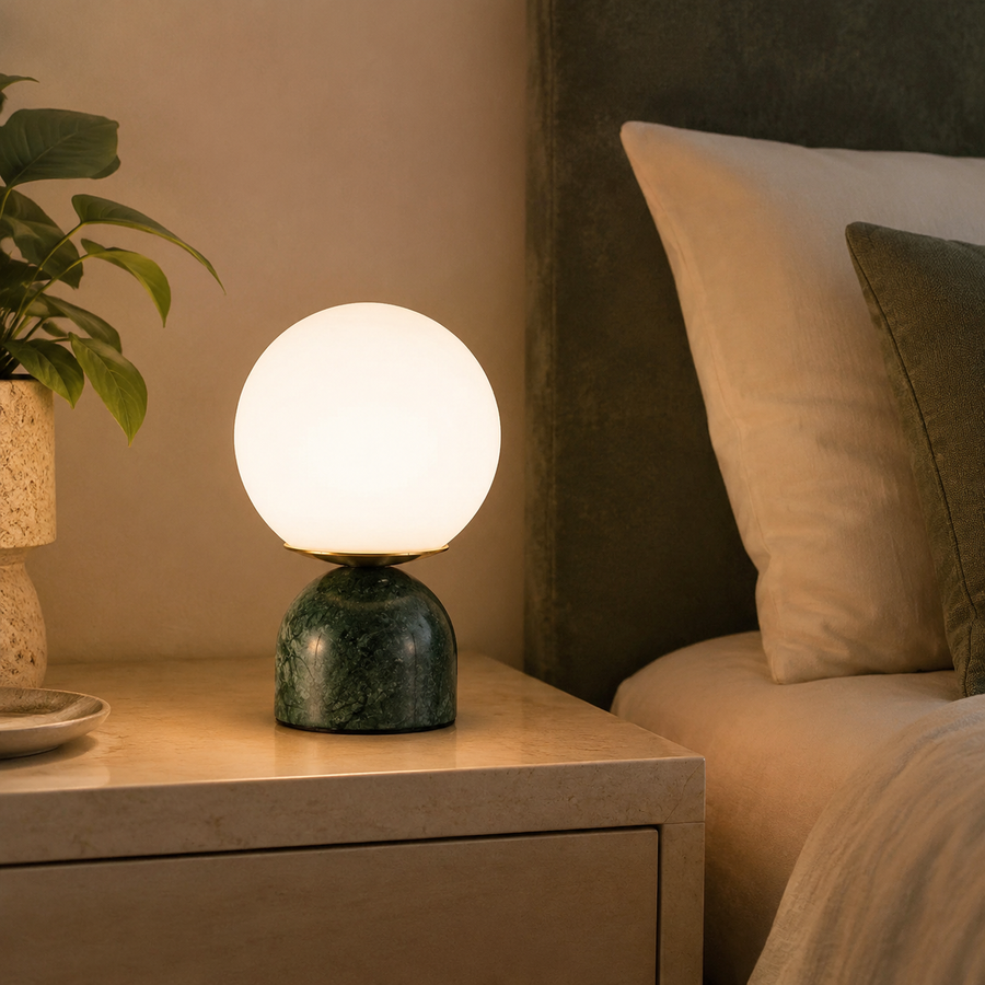 Alor Marble Dome Bedside Lamp in a natural lifestyle setting
