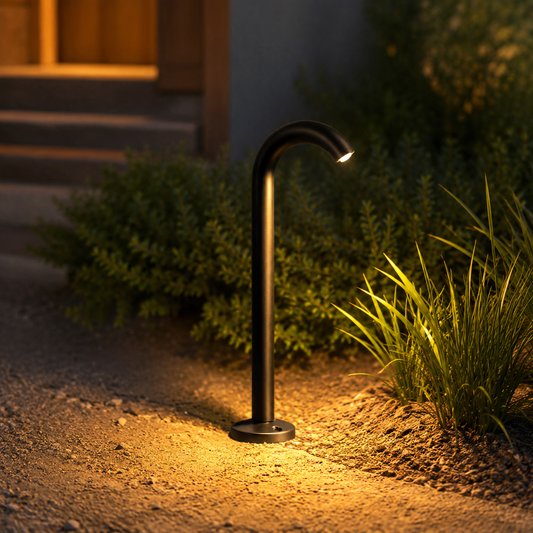 Aqen Curved Neck Bollard Light in a natural lifestyle setting