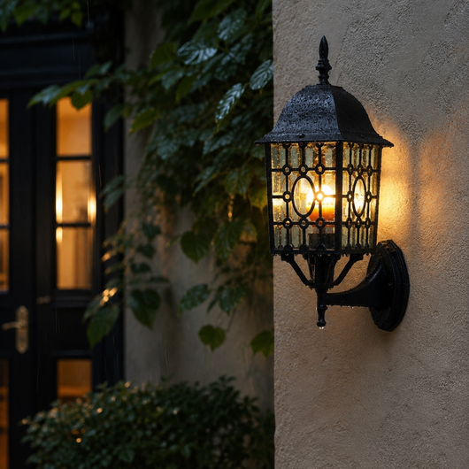 Anev Lantern Cage Outdoor Wall Light in a natural lifestyle setting