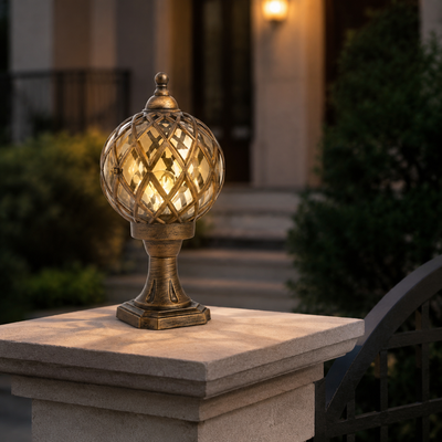 Arek Lattice Cage Pillar Light in a natural lifestyle setting
