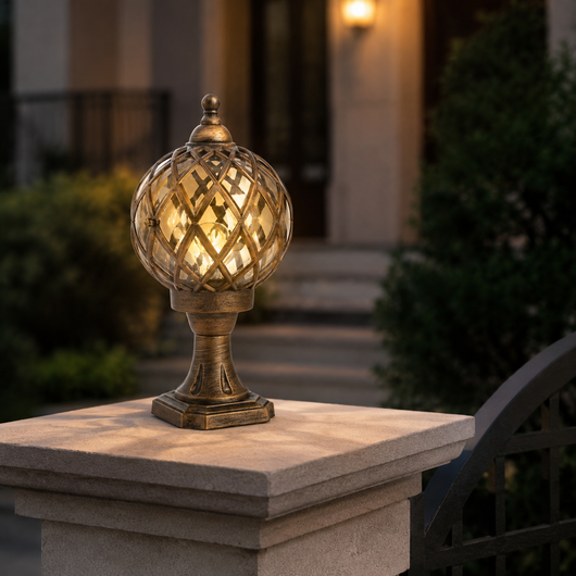 Arek Lattice Cage Pillar Light in a natural lifestyle setting