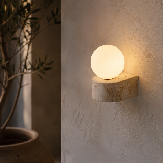 Bavi Travertine Block Globe Wall Light in a natural lifestyle setting