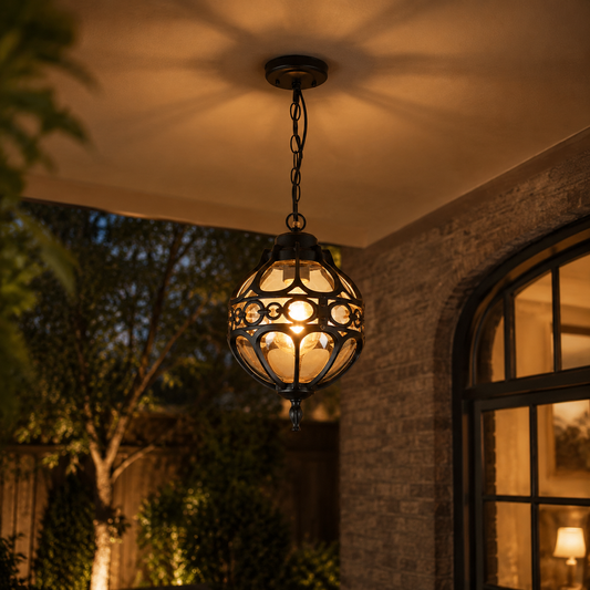 Bazi Globe Cage Outdoor Pendant Light in a natural lifestyle setting