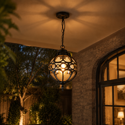 Bazi Globe Cage Outdoor Pendant Light in a natural lifestyle setting