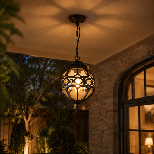 Bazi Globe Cage Outdoor Pendant Light in a natural lifestyle setting