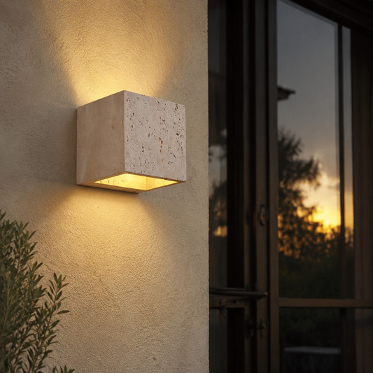Biti Travertine Outdoor Wall Light in a natural lifestyle setting