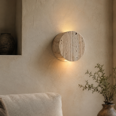 Boro Wabi-Sabi Travertine Wall Light in a natural lifestyle setting