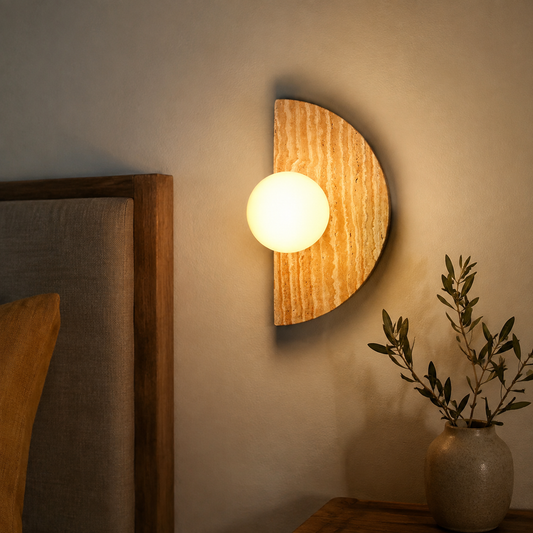 Briw Travertine Half Moon Wall Light in a natural lifestyle setting