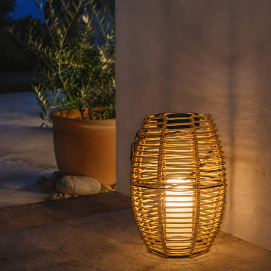 Cesi Solar Drum Outdoor Floor Lamp in a natural lifestyle setting