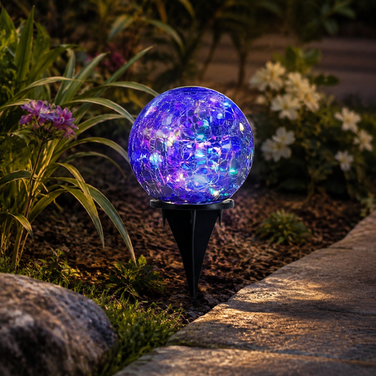 Cuve Crackle Globe Bollard Light in a natural lifestyle setting