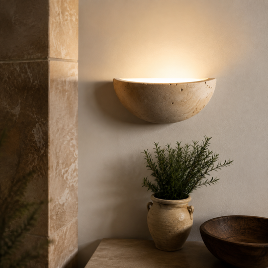 Cyri Semi Bowl Travertine Wall Light in a natural lifestyle setting