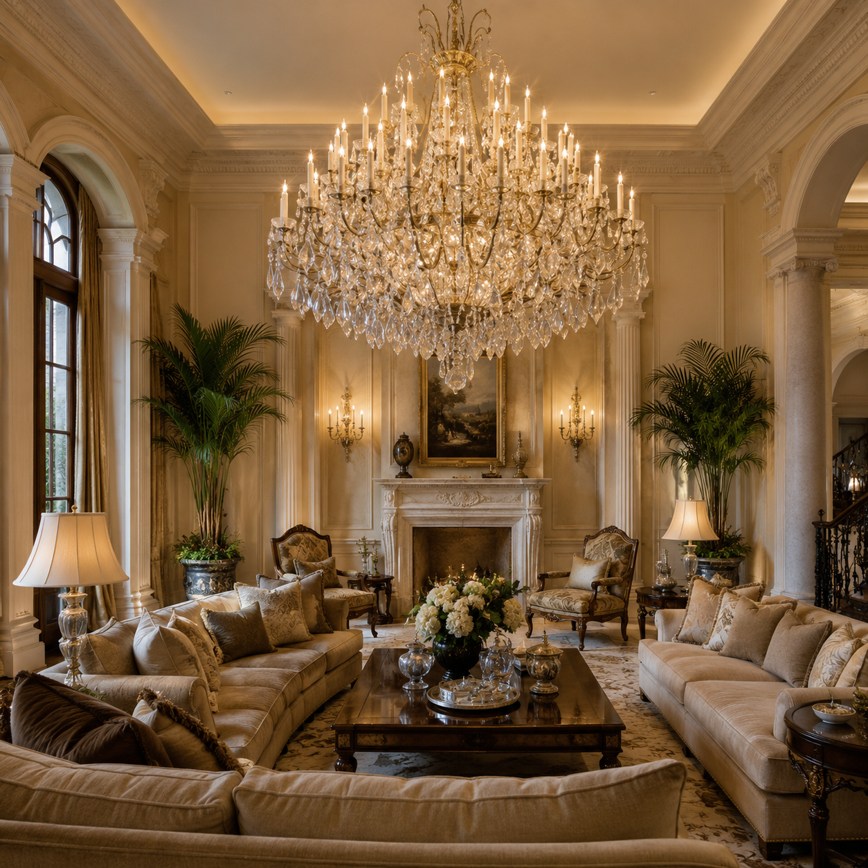 Crystal chandelier in an elegant sitting room