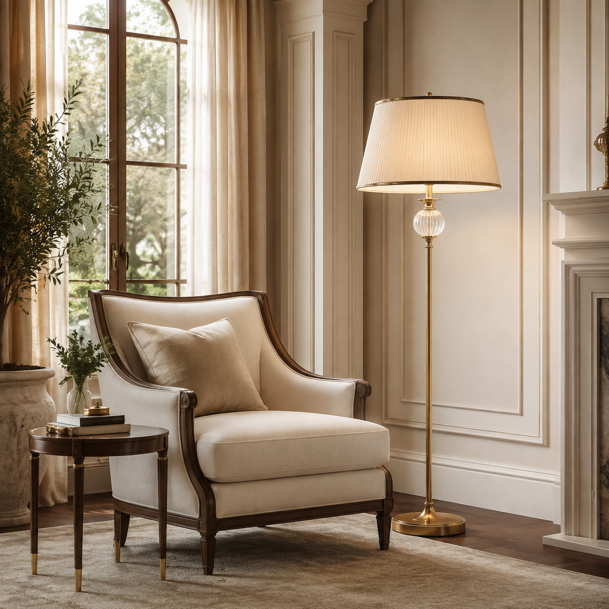 Elegant floor lamp in a serene reading corner