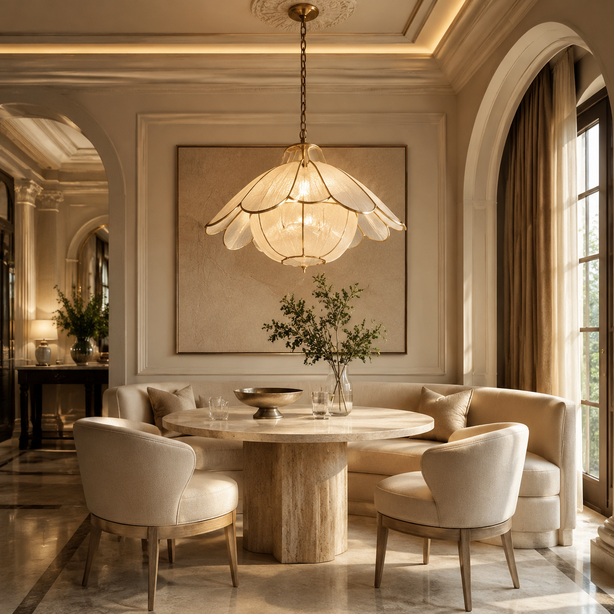 Luxury pendant light in a warm dining alcove